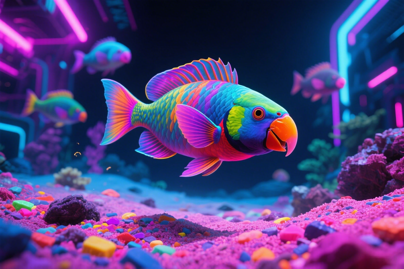 Neon Fish in a Futuristic Aquarium puzzle by Peter